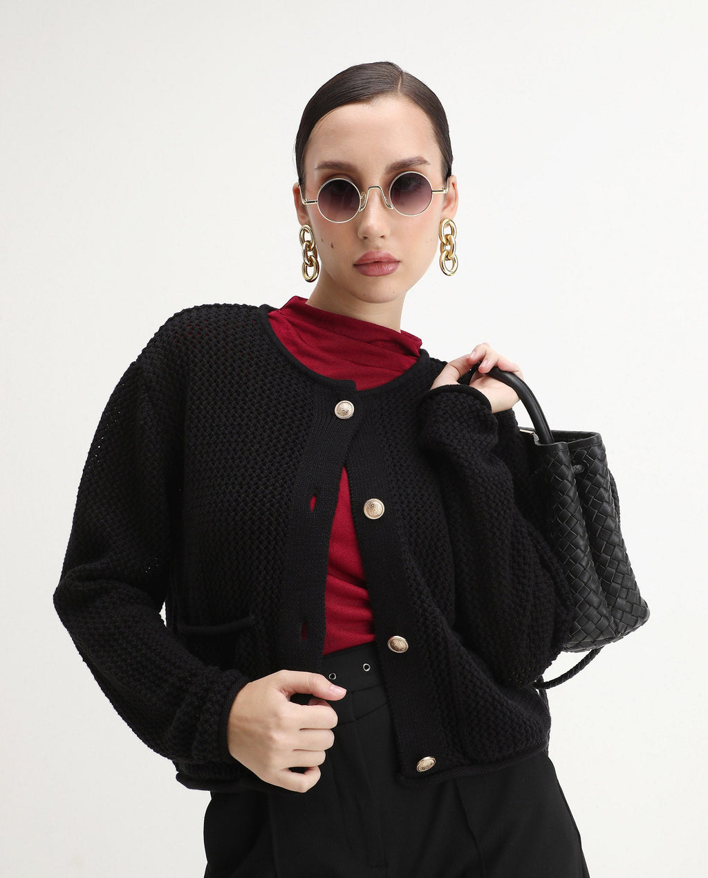 Rareism Women's Chetza Black Cotton Crew Neck Relaxed Fit Cardigan