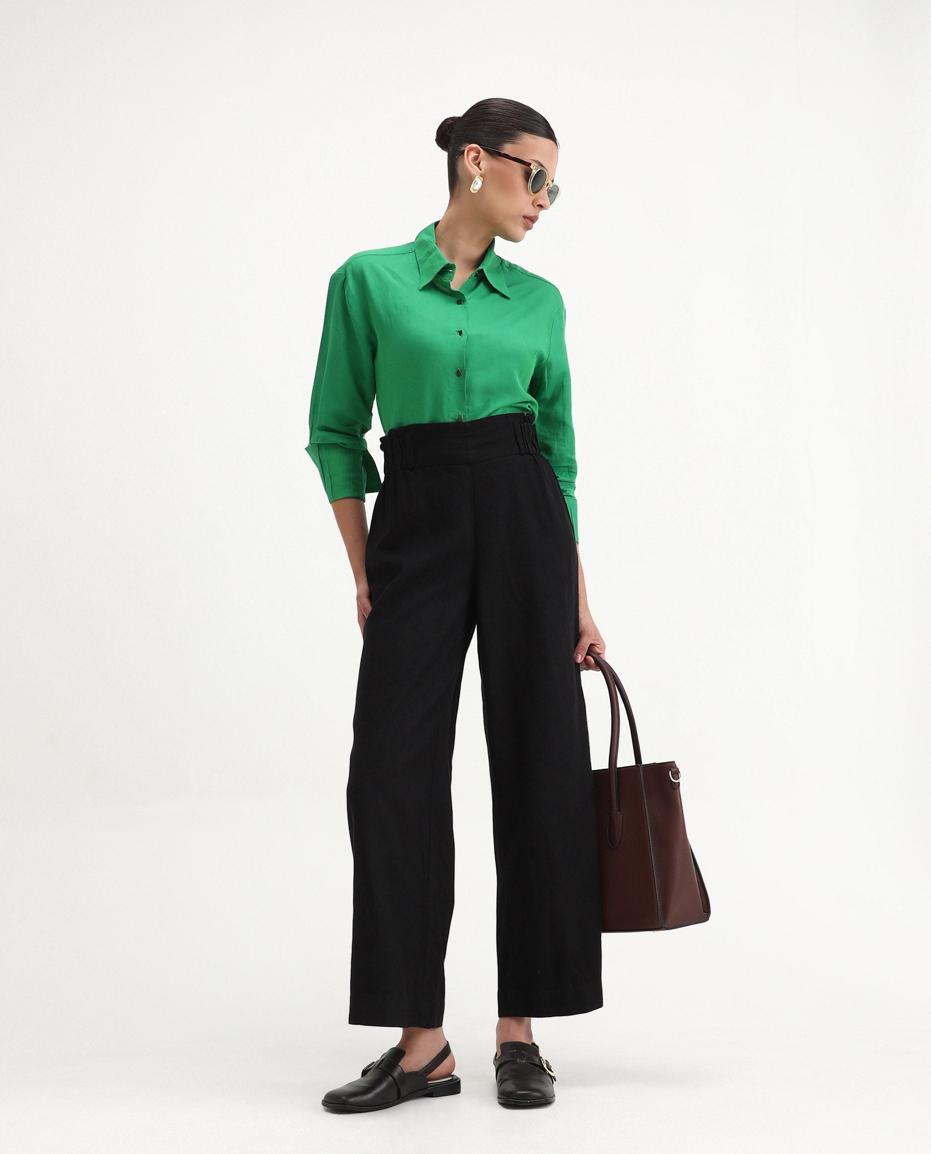Rareism Women's Arid Black Cotton Blend Plain Ankle Length Wide Trouser