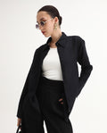 Rareism Women's Harper Black Linen Spread Collar Plain Regular Fit Top