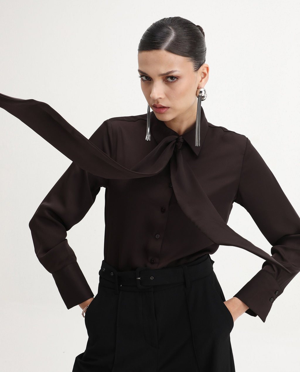 Rareism Women's Aviol Brown Polyester Collared Neck Regular Fit Shirt