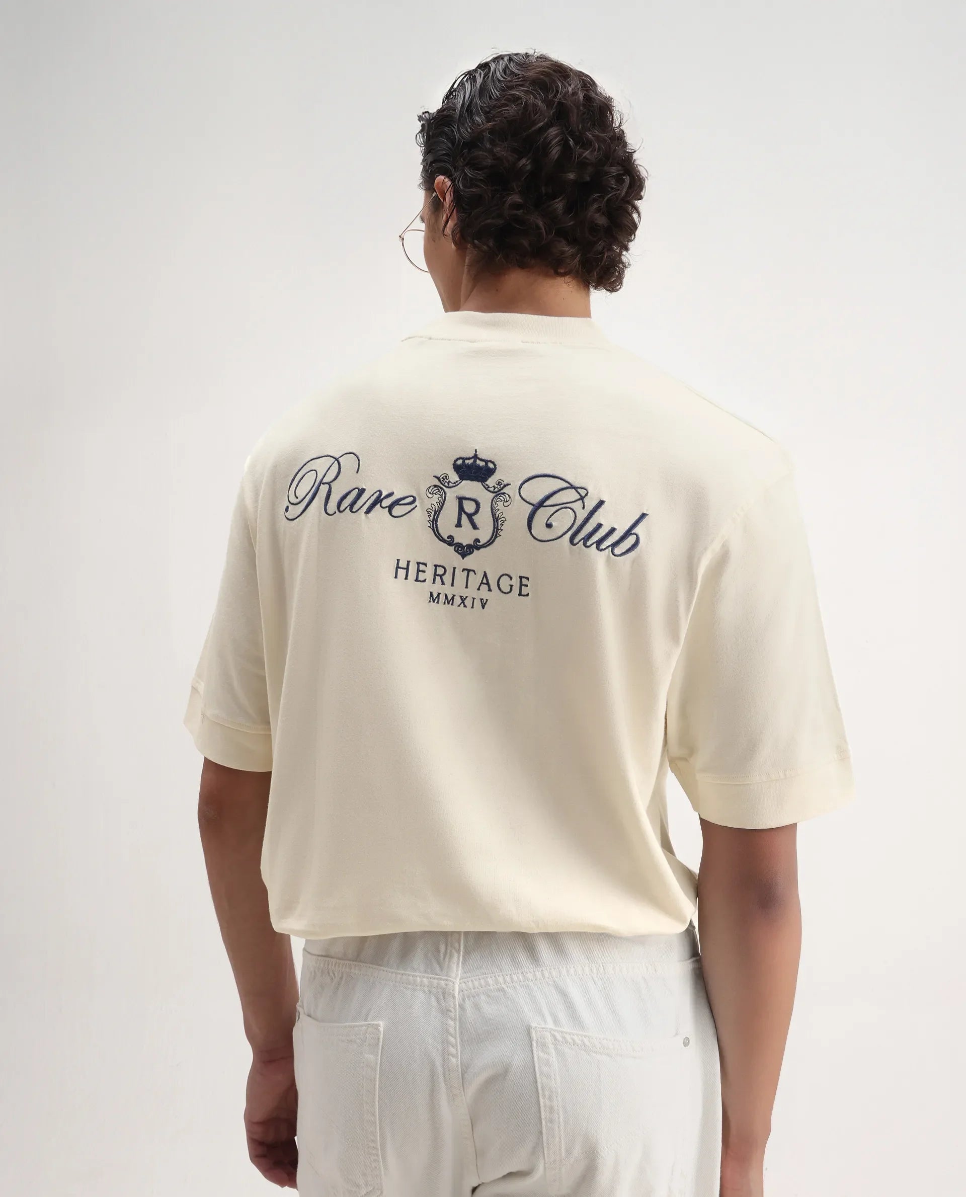 Rare Rabbit Men's Hyde Off White Cotton Embroidered Oversized Fit Half Sleeve Crew Neck T-Shirt