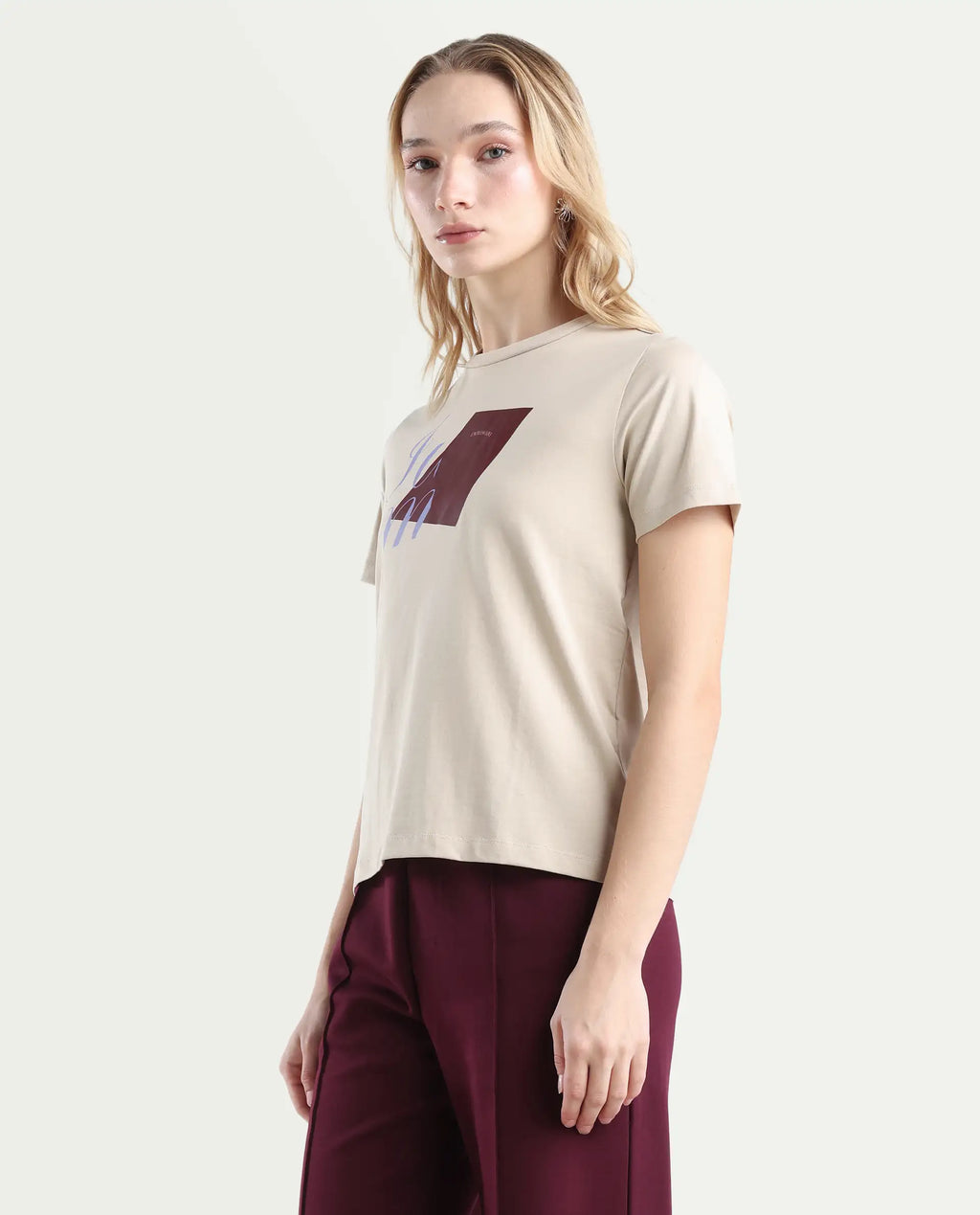 Rareism Women's Ian Beige Cotton Blend Crew Neck Regular Fit T-Shirt