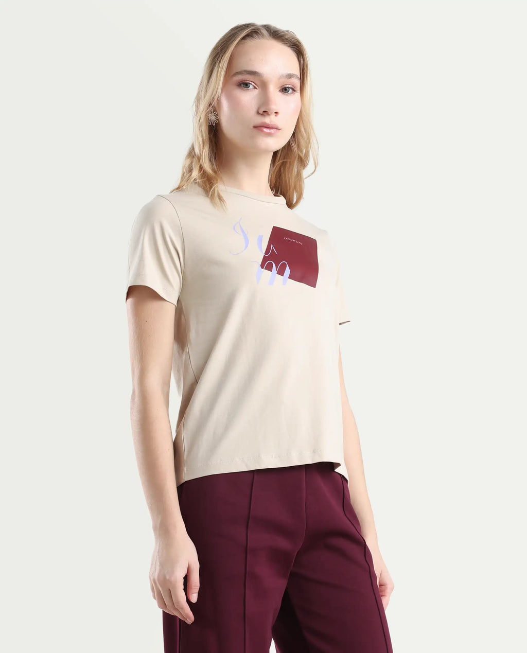 Rareism Women's Ian Beige Cotton Blend Crew Neck Regular Fit T-Shirt
