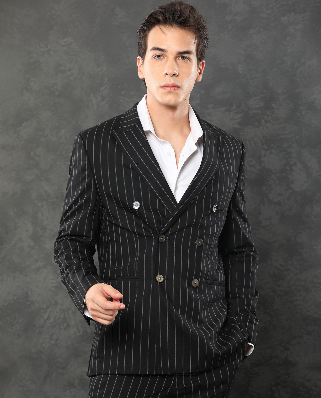 Rare Rabbit Men's Tazy Black Polyester Striped Print Tailored Fit Full Sleeve Lapel Neck Suits
