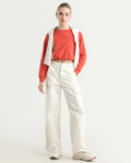 Rareism Women's Itsiz Off White Cotton Plain Ankle Length Wide Leg Trouser