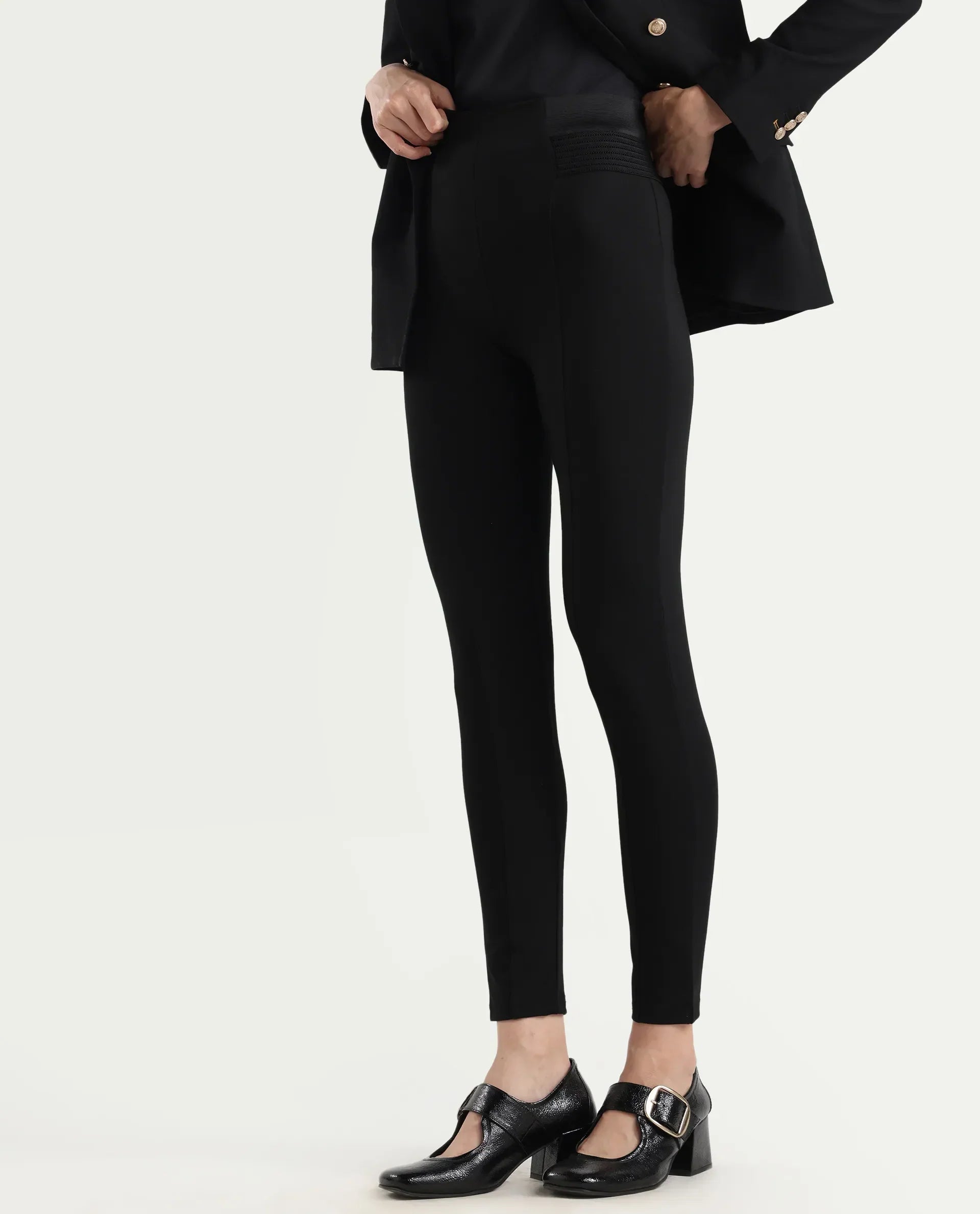 Rareism Women's Jancuro Black Nylon Skinny Fit Plain Trouser