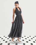 Rareism Women's Janert Black Viscose Halter Neck Polka Print Sleeveless Maxi Fit And Flare Dress
