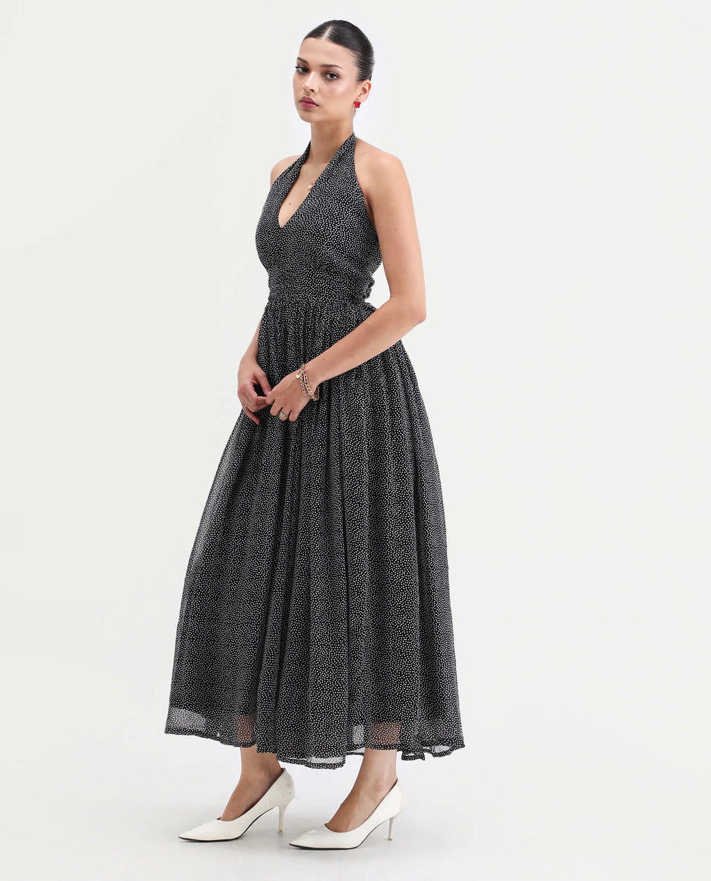 Rareism Women's Janert Black Viscose Halter Neck Polka Print Sleeveless Maxi Fit And Flare Dress
