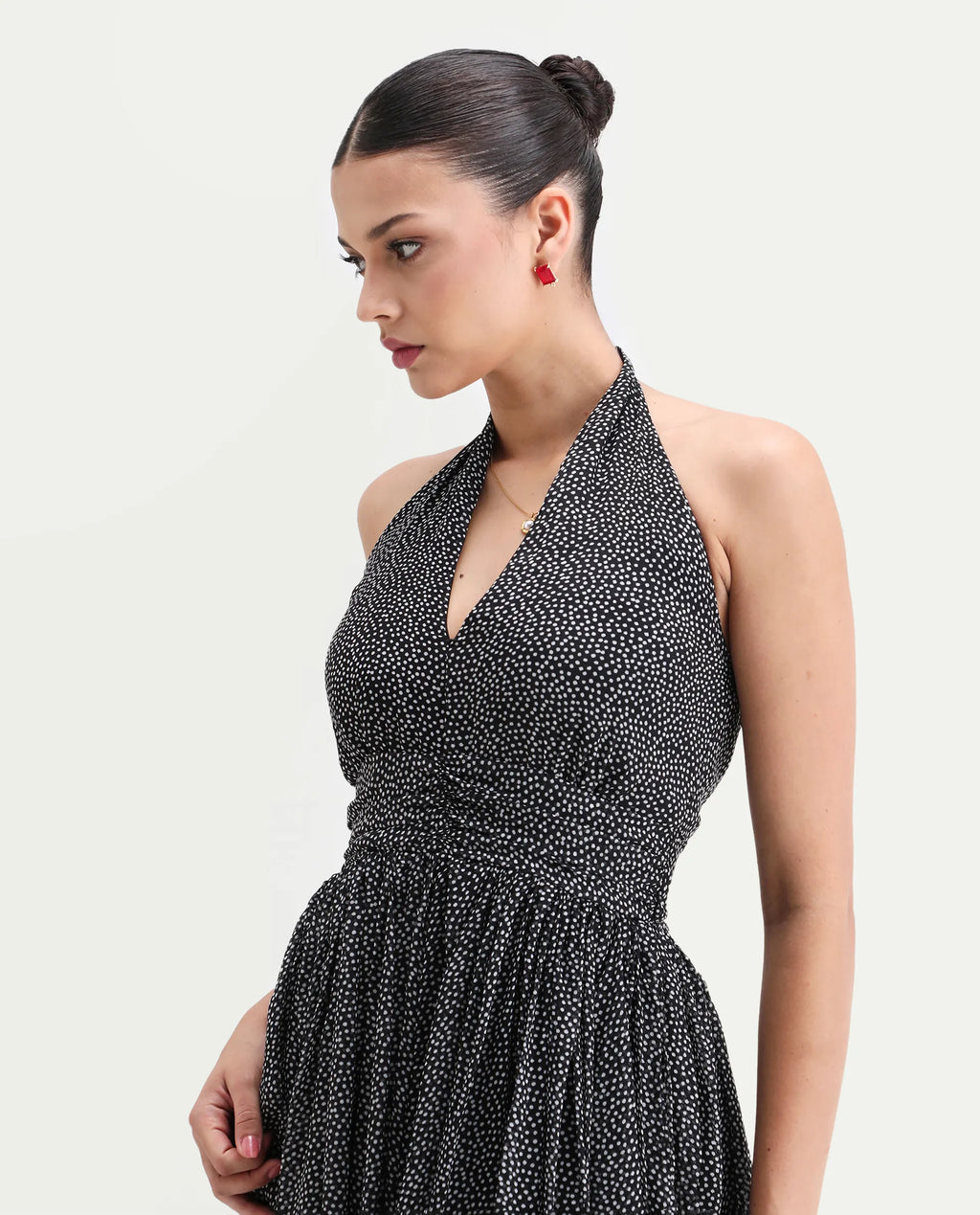 Rareism Women's Janert Black Viscose Halter Neck Polka Print Sleeveless Maxi Fit And Flare Dress