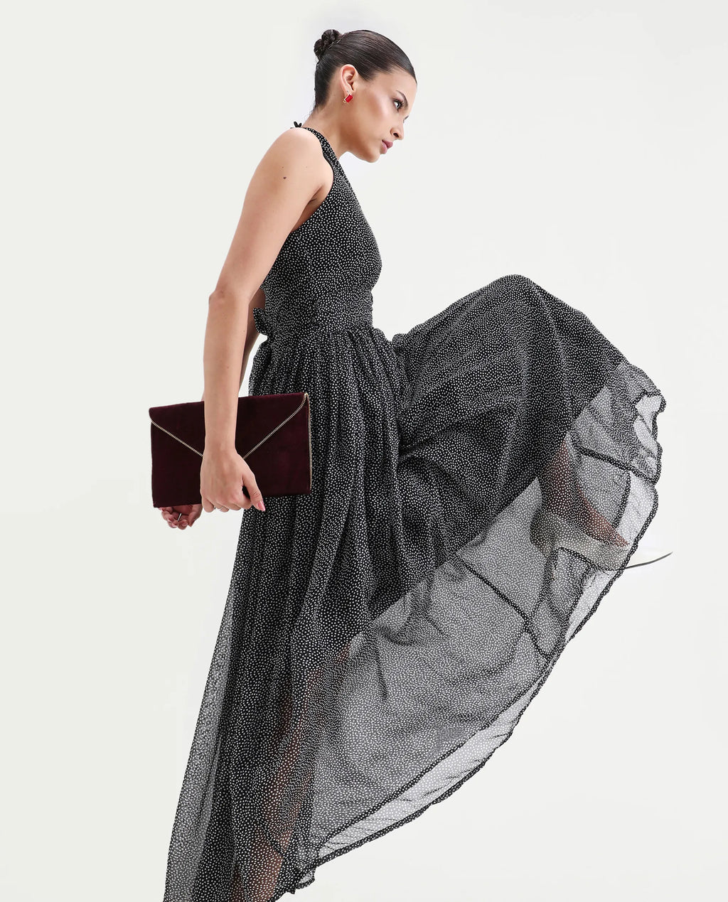 Rareism Women's Janert Black Viscose Halter Neck Polka Print Sleeveless Maxi Fit And Flare Dress
