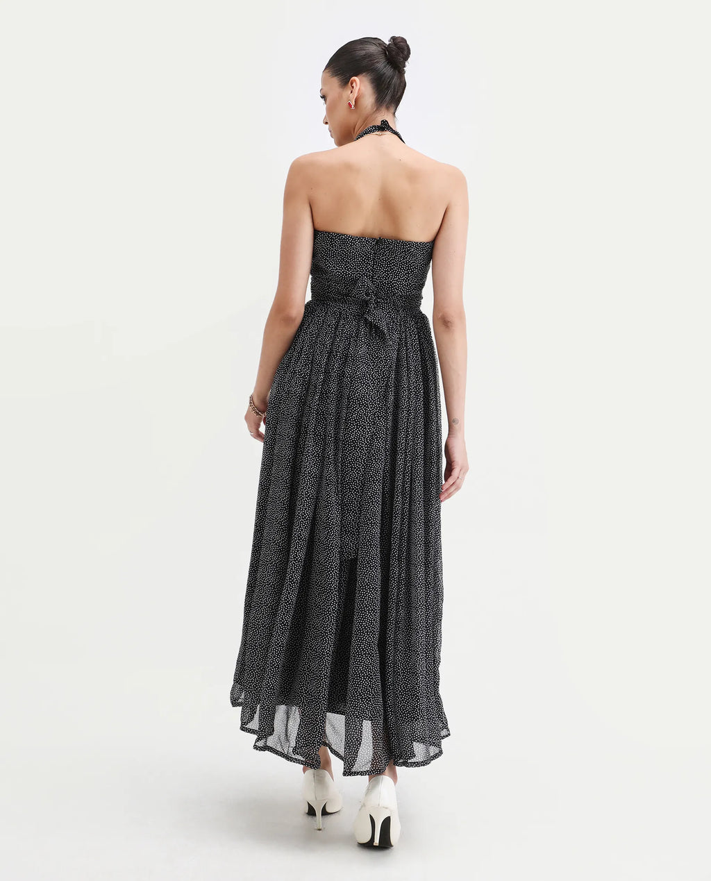 Rareism Women's Janert Black Viscose Halter Neck Polka Print Sleeveless Maxi Fit And Flare Dress