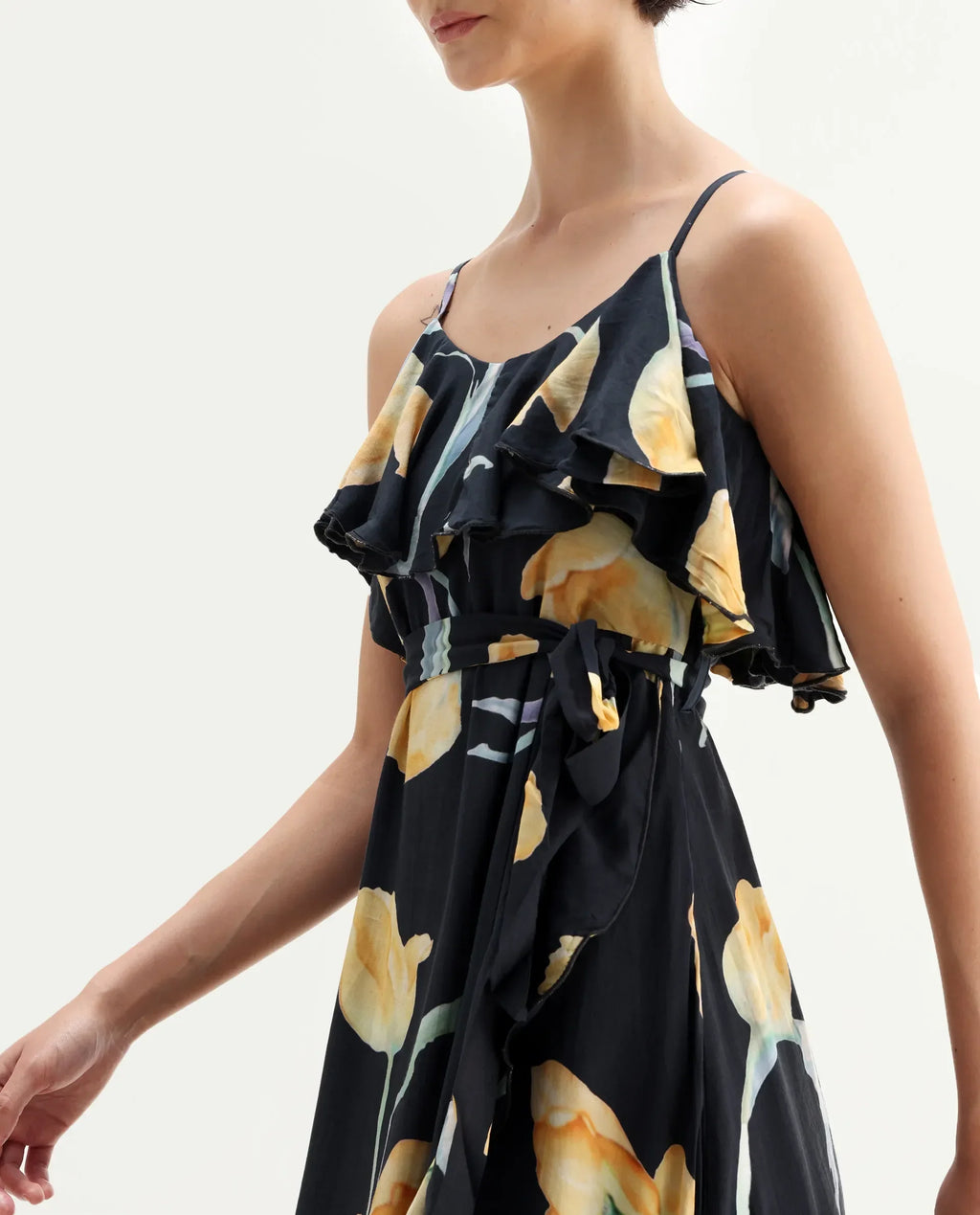 Rareism Women's Jantoto Black Viscose Shoulder Strap Floral Print Sleeveless Midi Fit And Flare Dress