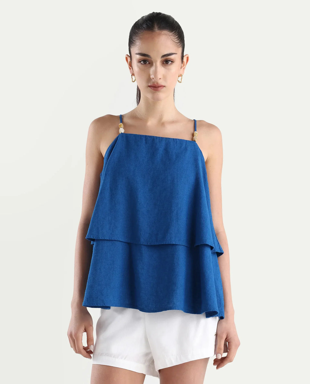 Rareism Women's Januana Blue Viscose Blend Shoulder Strap Plain Sleeveless Flared Top
