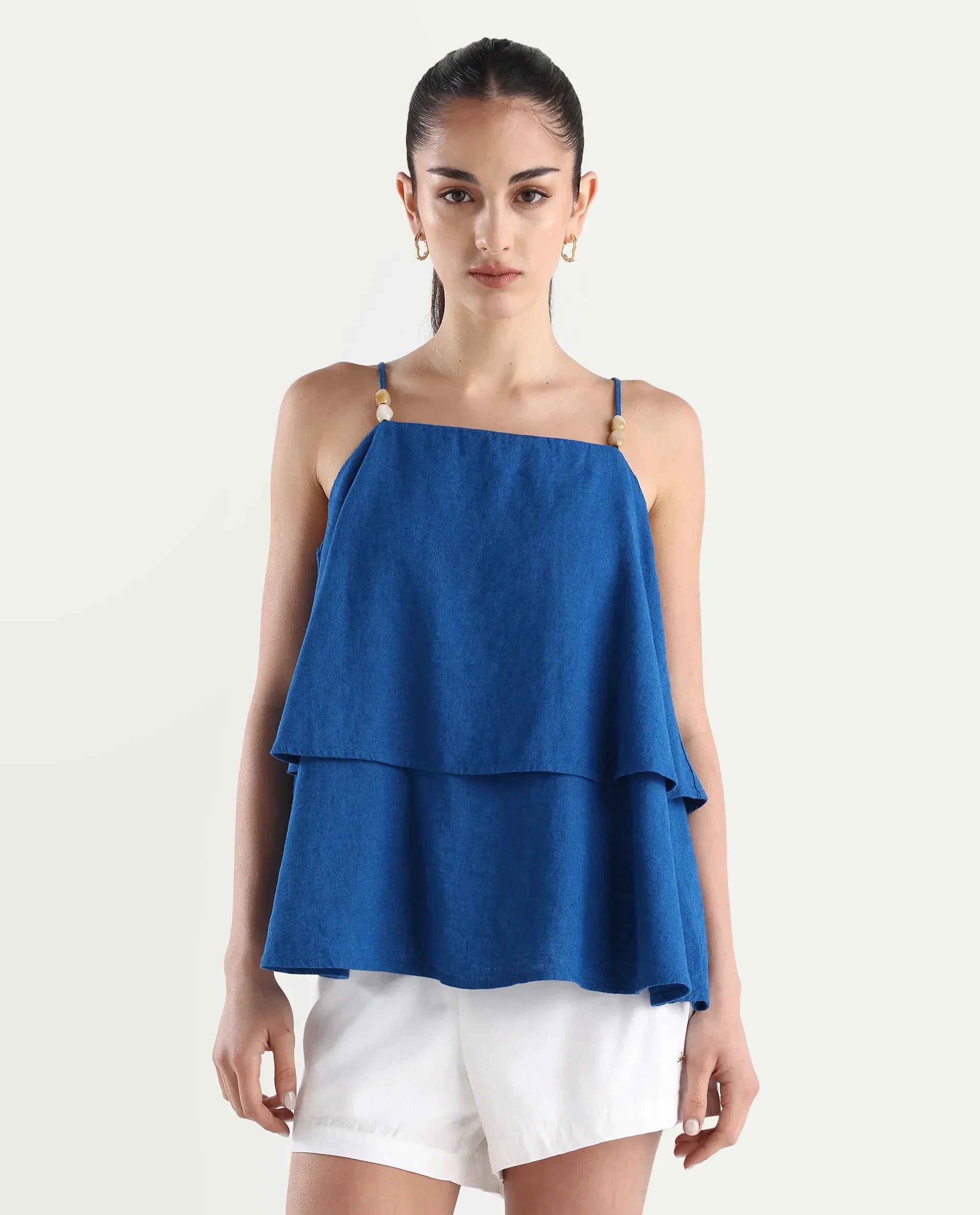 Rareism Women's Januana Blue Viscose Blend Shoulder Strap Plain Sleeveless Flared Top