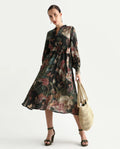 Rareism Women's Jehon Black Cotton Mandarin Collar Flared Printed Midi Dress