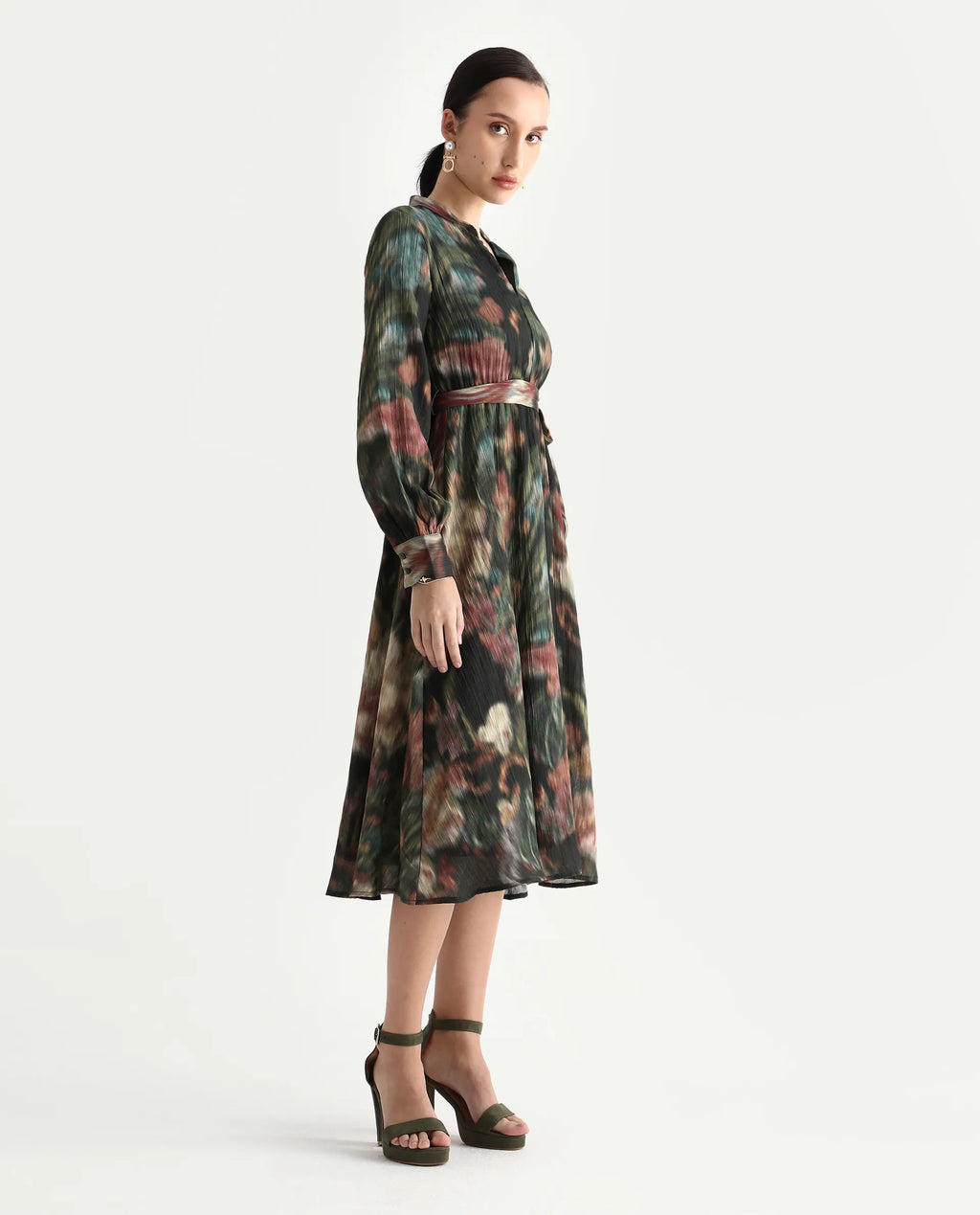 Rareism Women's Jehon Black Cotton Mandarin Collar Flared Printed Midi Dress