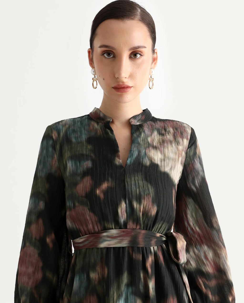 Rareism Women's Jehon Black Cotton Mandarin Collar Flared Printed Midi Dress