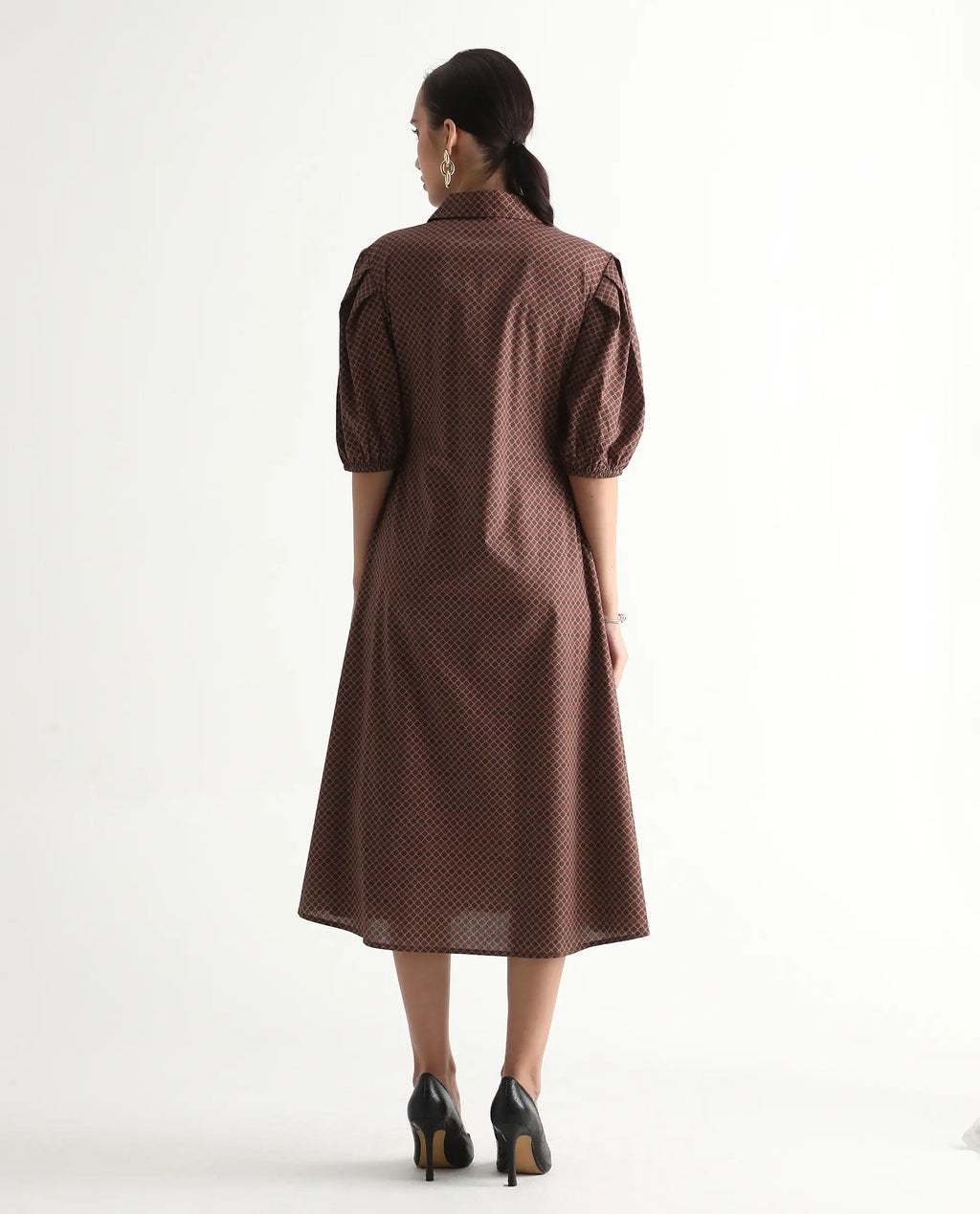 Rareism Women's Jembot Dark Green Cotton Collared Neck A-Line Geometric Print Midi Dress