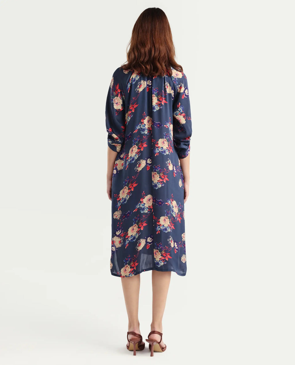 Rareism Women's Jemma Navy Cotton High Neck Floral Print Sleeveless Maxi Regular Fit Dress