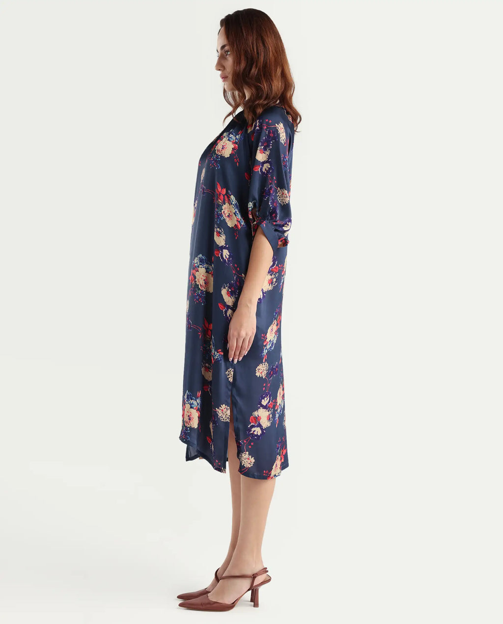 Rareism Women's Jemma Navy Cotton High Neck Floral Print Sleeveless Maxi Regular Fit Dress