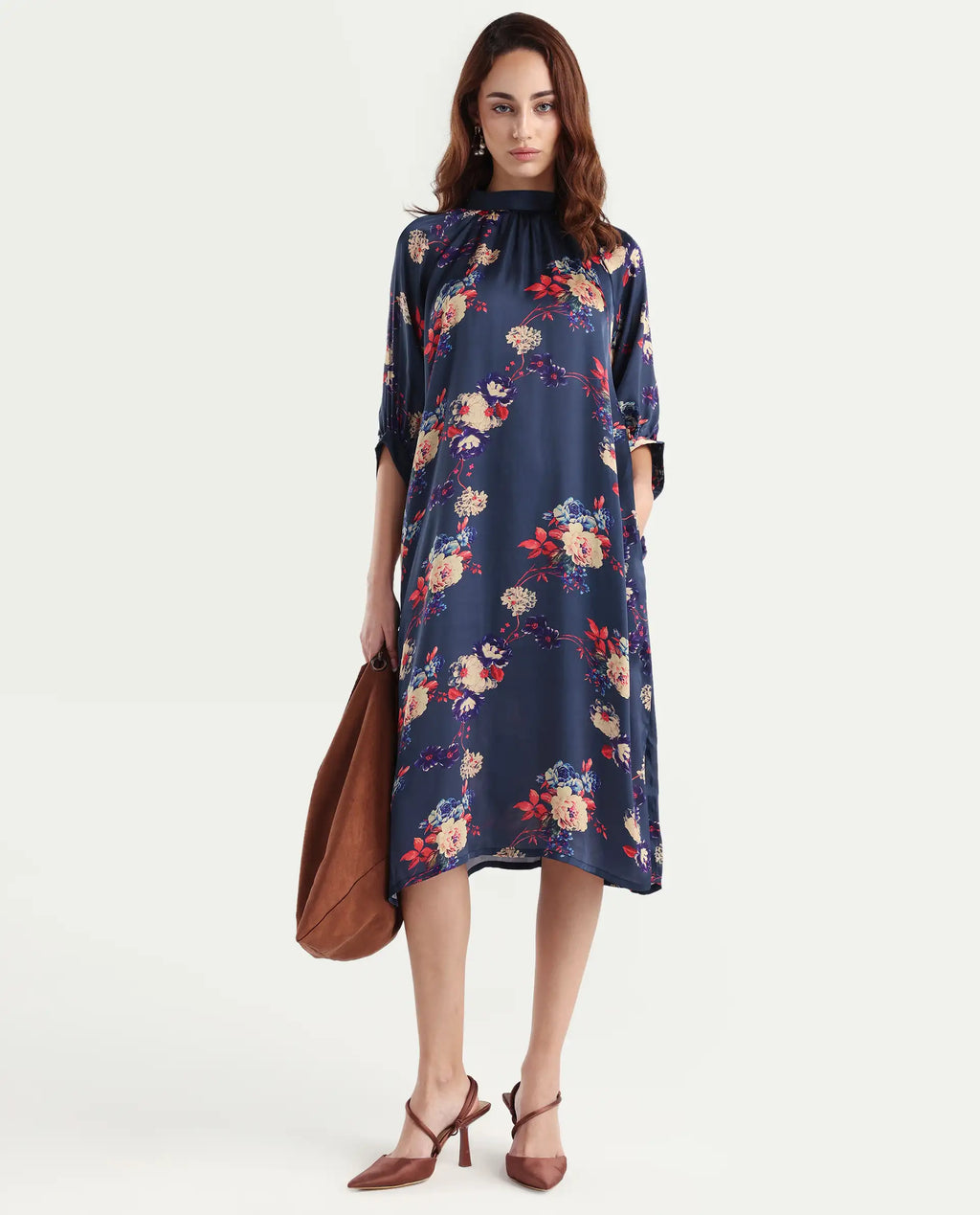 Rareism Women's Jemma Navy Cotton High Neck Floral Print Sleeveless Maxi Regular Fit Dress