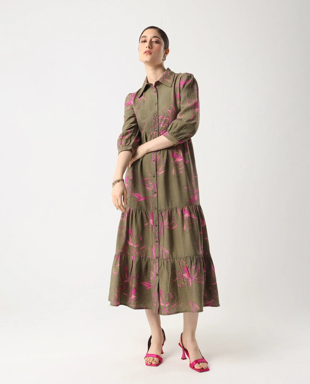 Rareism Women's Jenbel Multi Viscose Blend Spread Collar Flared Floral Print Dress