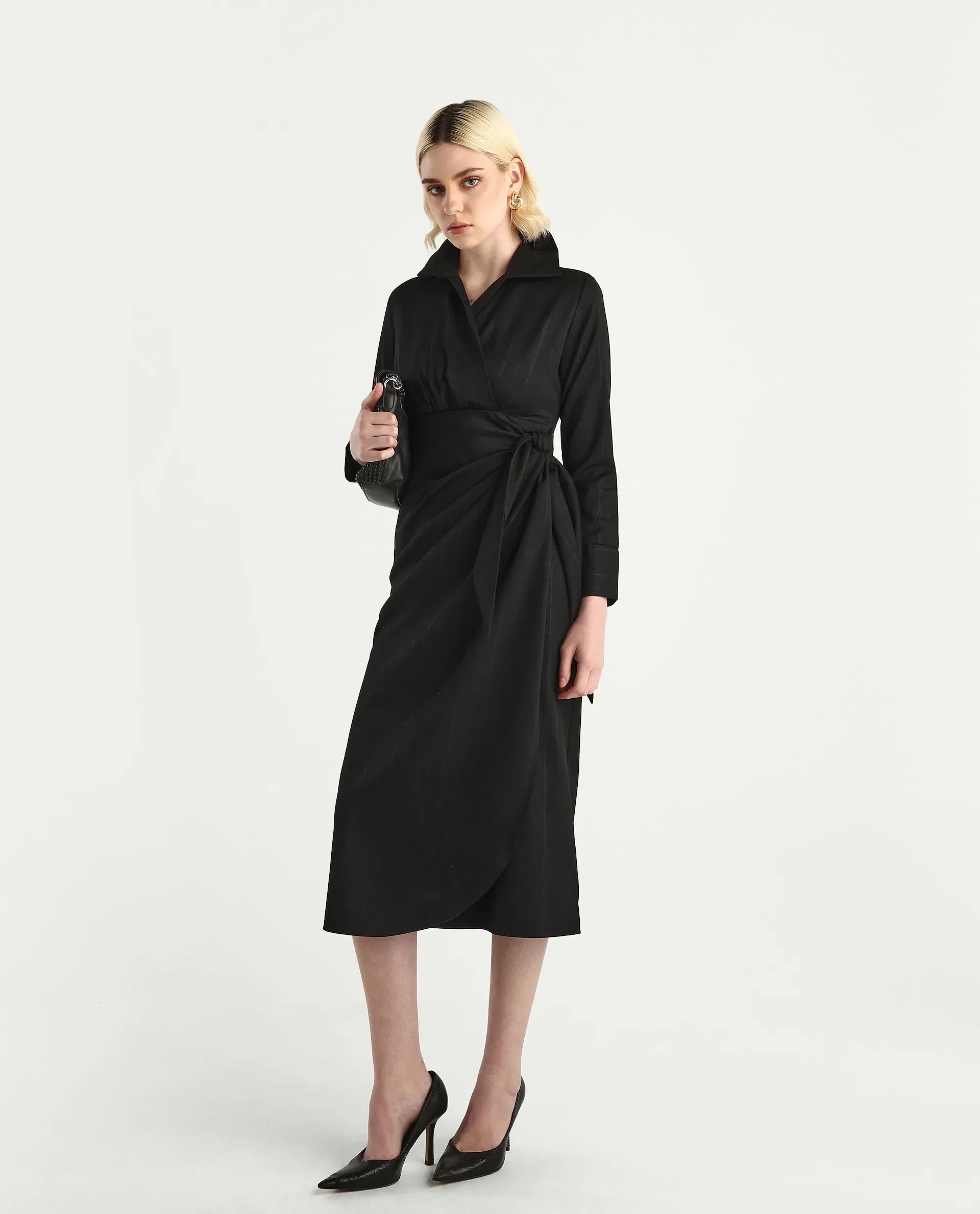 Rareism Women's Jenlin Black Polyester blend Cuffed Sleeve Jonny Collar Straight Fit Plain Midi Dress