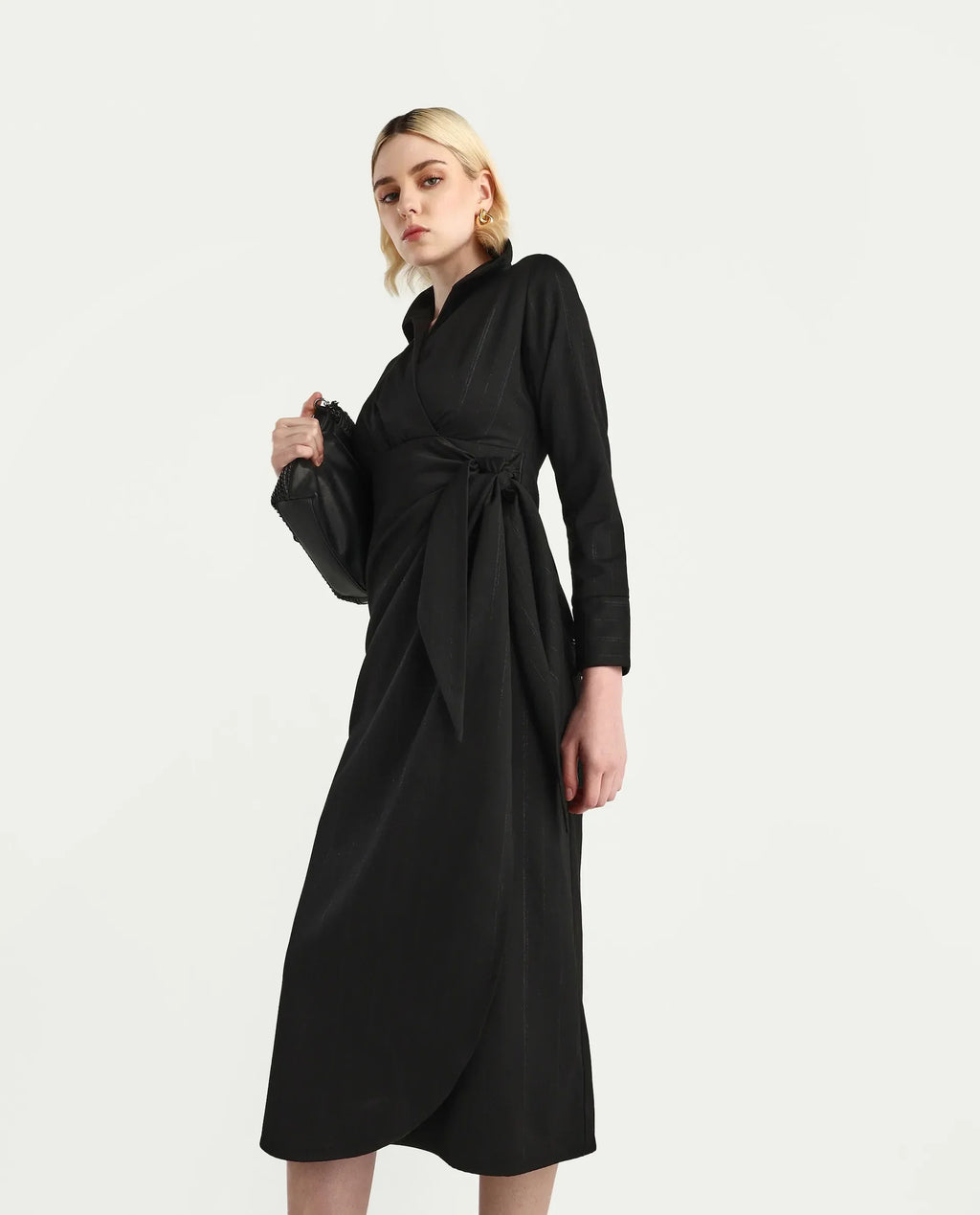 Rareism Women's Jenlin Black Polyester blend Cuffed Sleeve Jonny Collar Straight Fit Plain Midi Dress