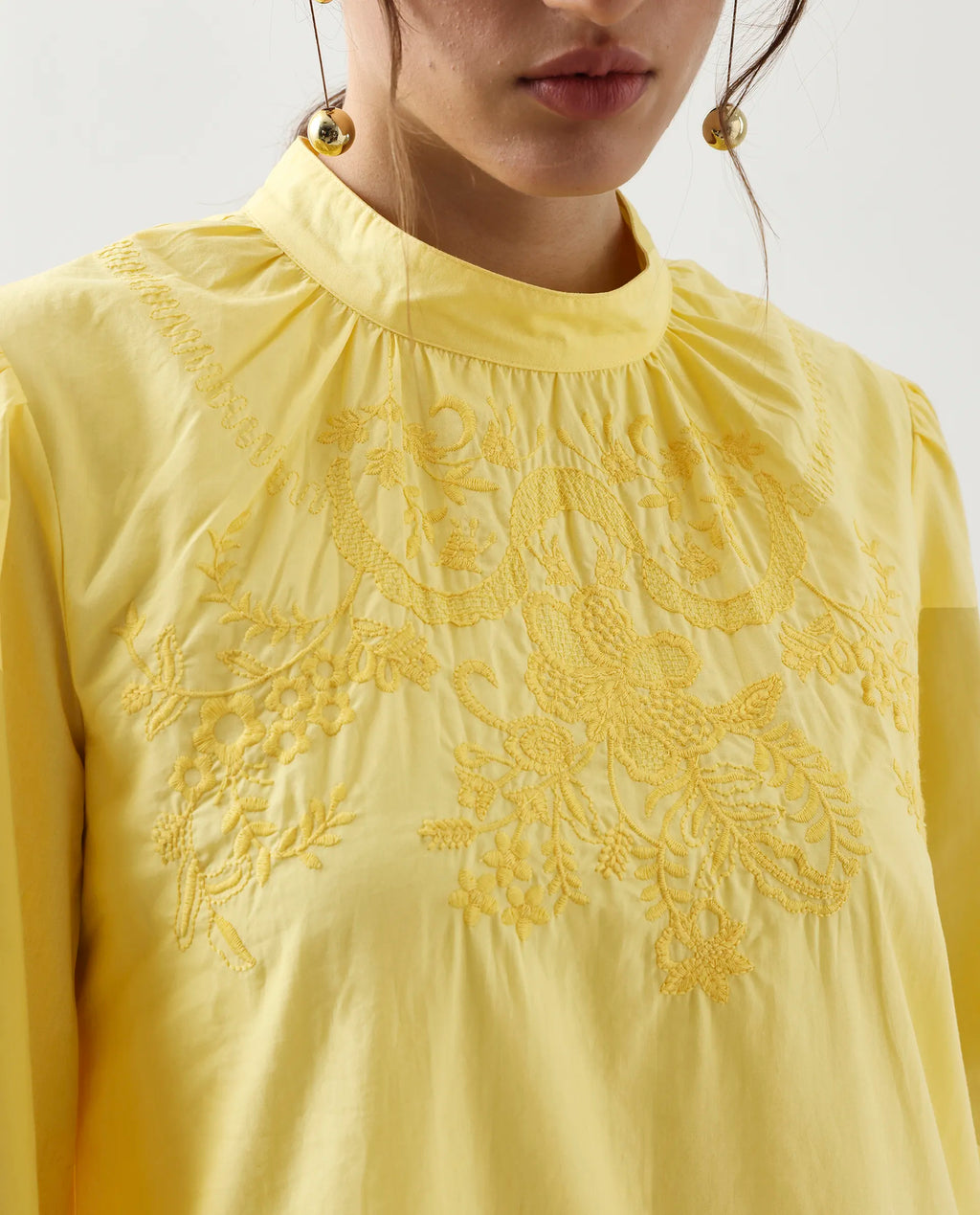 Rareism Women's Jenmin Yellow Cotton Mandarin Collar A-Line Plain Dress