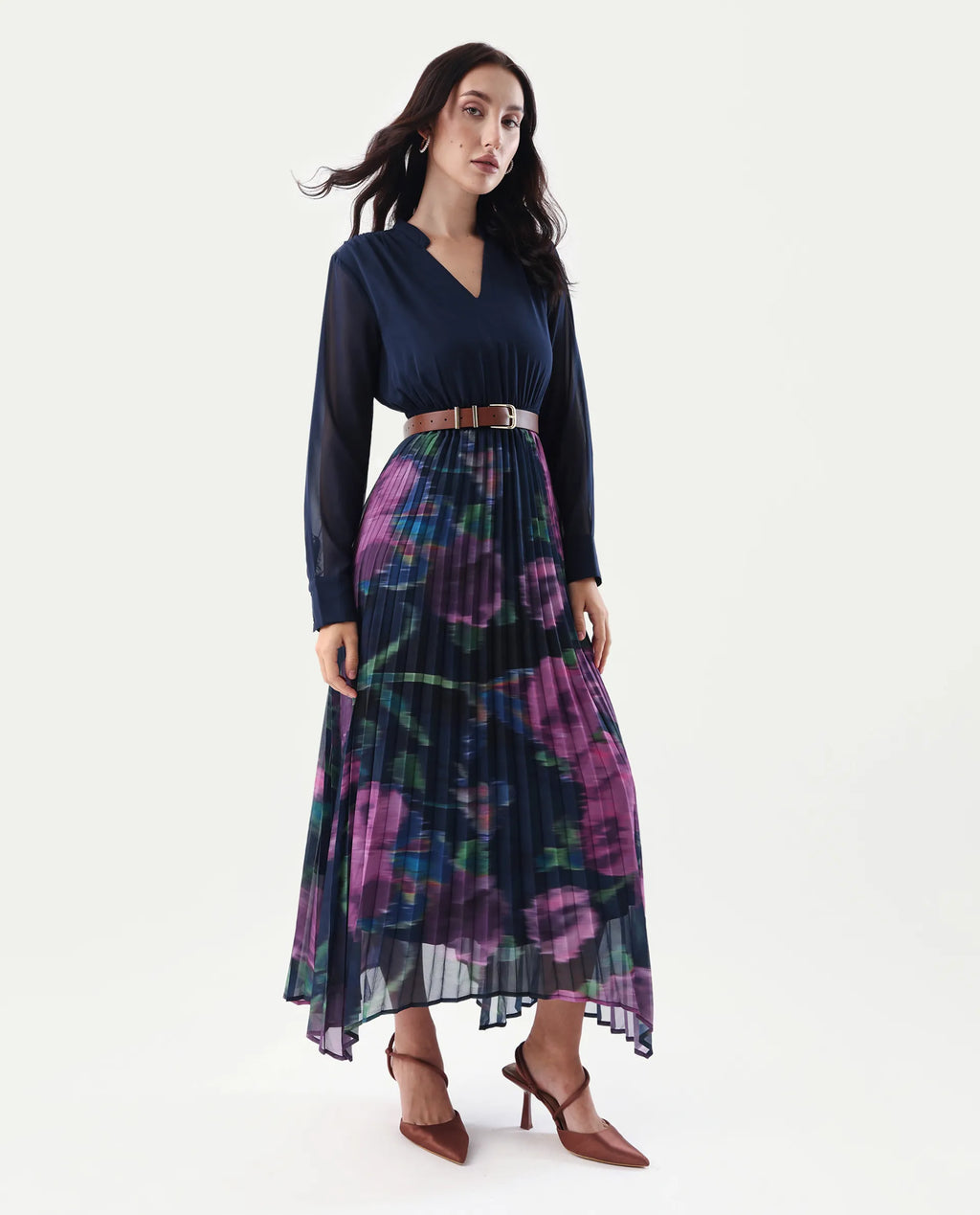 Rareism Women's Jenpli Navy Polyester V-Neck Flared Printed Dress