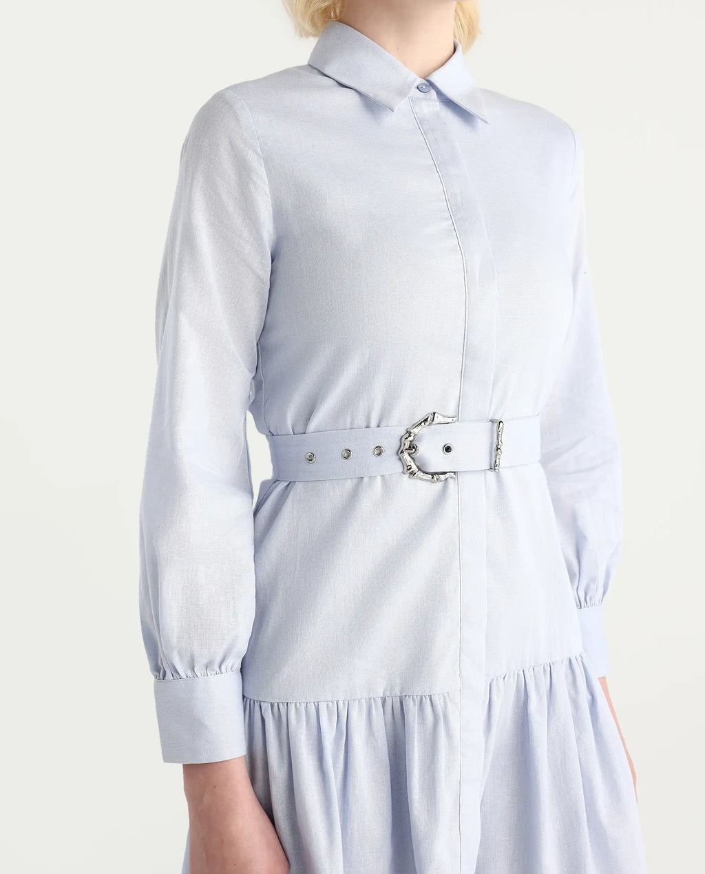Rareism Women's Jenron Blue Cotton Blend Collared Neck Flared Plain Dress
