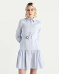 Rareism Women's Jenron Blue Cotton Blend Collared Neck Flared Plain Dress