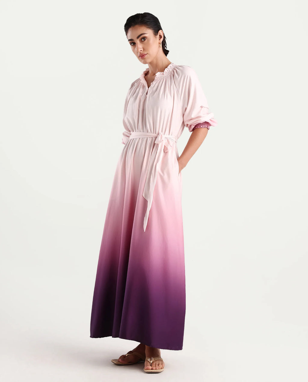 Rareism Women's Jentic Purple Cotton Blend Ruffled Neck Flared Printed Dress
