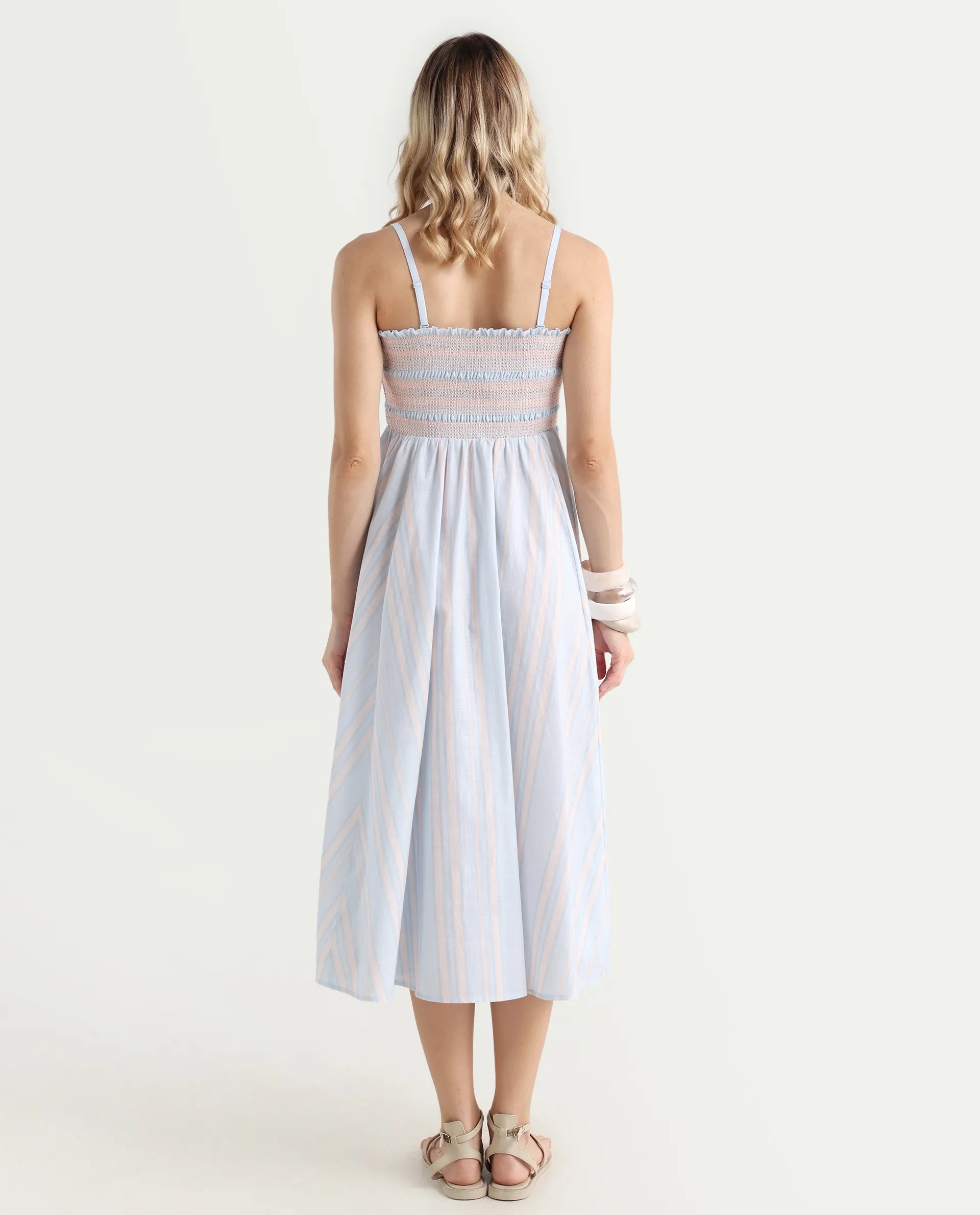Rareism Women Jenvem Blue Tie-Up Neck Tie Up Closure Relaxed Fit Midi Printed Dress