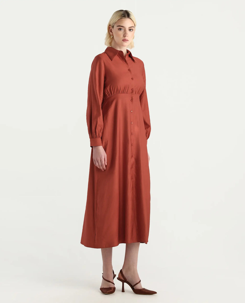 Rareism Women's Jenzif Rust Viscose Blend Cuffed Sleeve Collared Neck A-Line Fit Plain Dress