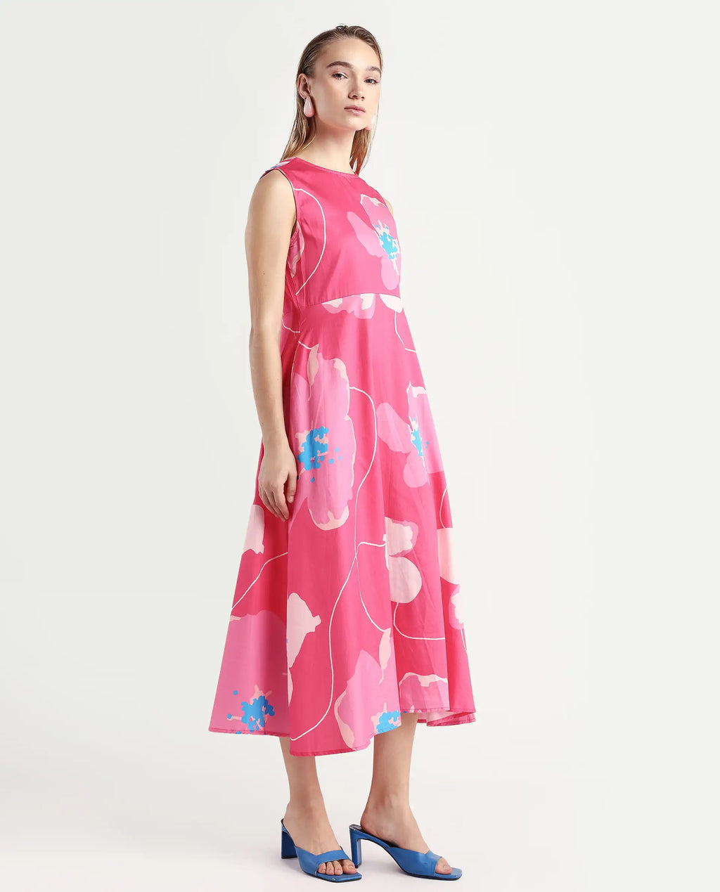 Rareism Women's Jerile Flouroscent Pink Crew Neck Floral Print Sleeveless Maxi Fit And Flare Dress
