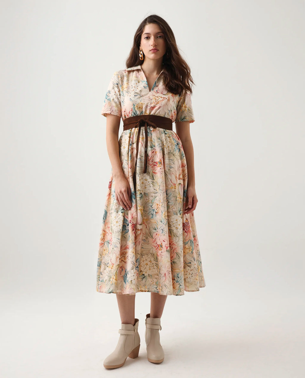 Rareism Women's Jetto Light Multi Cotton Collared Neck Fit And Flare Printed Midi Dress