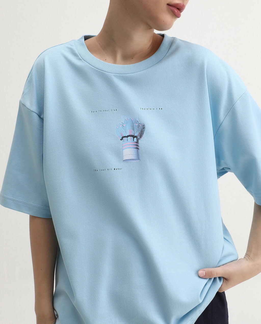 Rareism Women's Jinx Blue Cotton Graphic Print Oversized T-Shirt