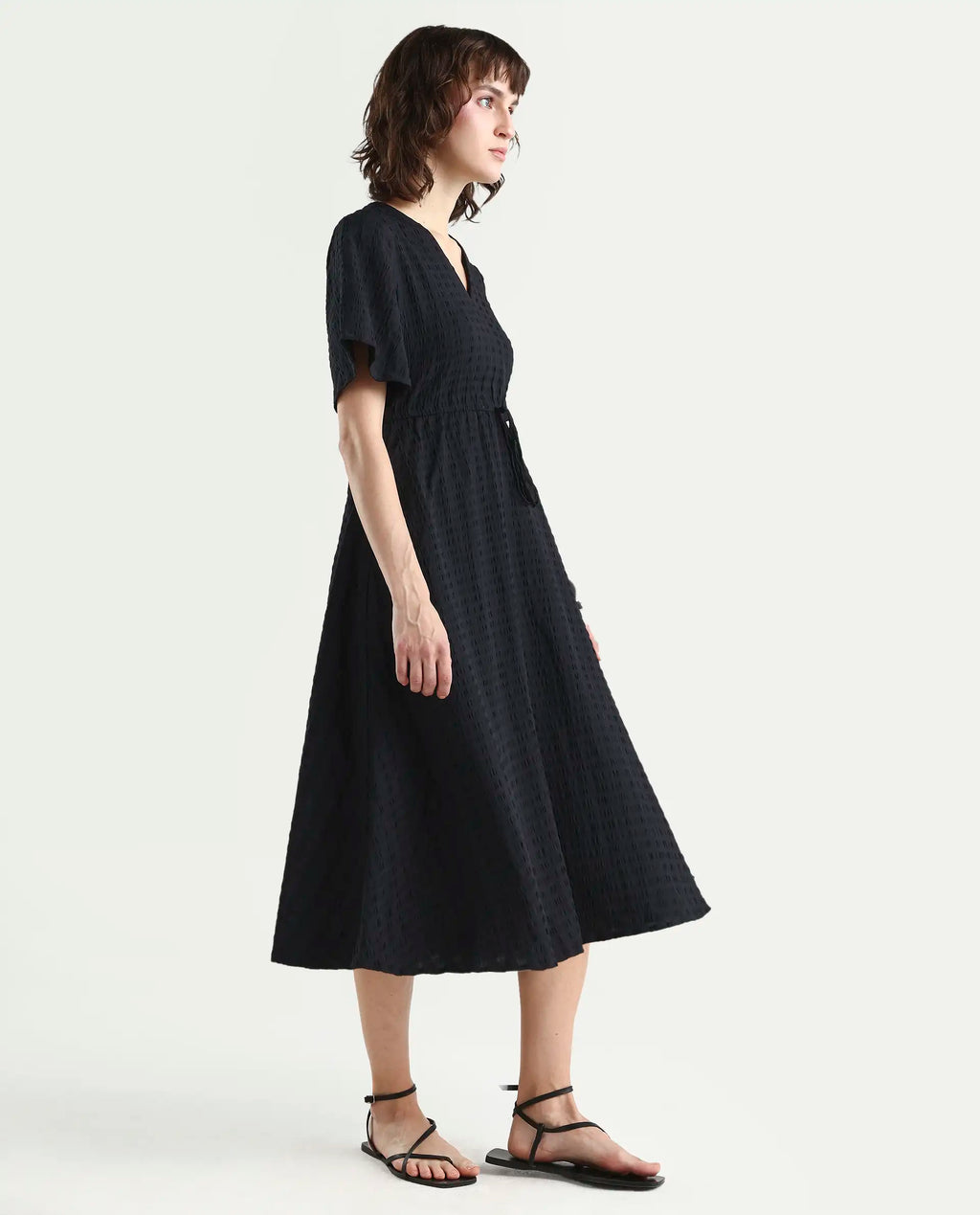 Rareism Women's Jiop Black Cotton Blend Plain Fit And Flare Dress