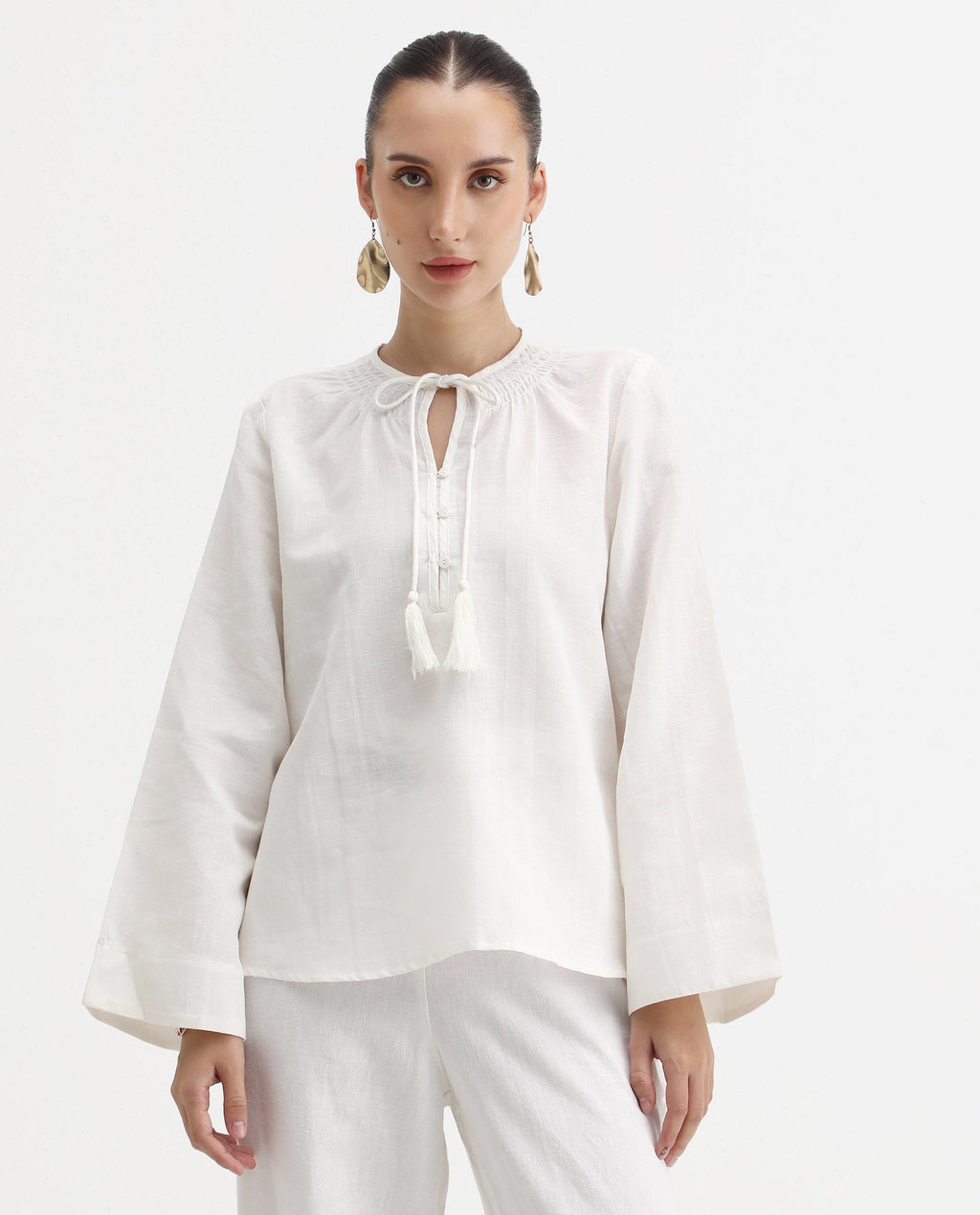Rareism Women's Joan Light White Tie-Up Neck Plain Relaxed Fit Top