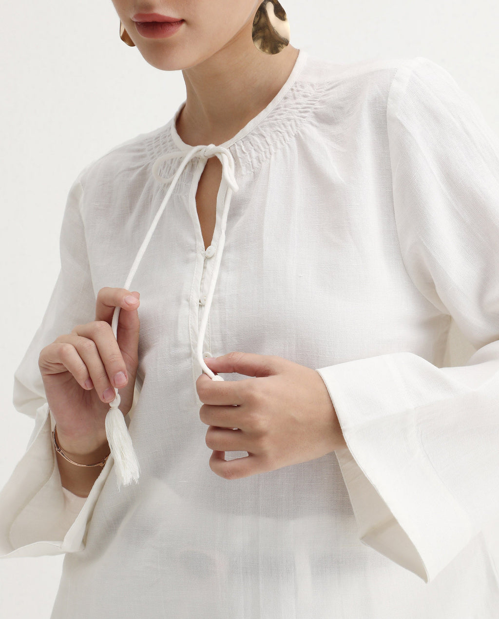 Rareism Women's Joan Light White Tie-Up Neck Plain Relaxed Fit Top