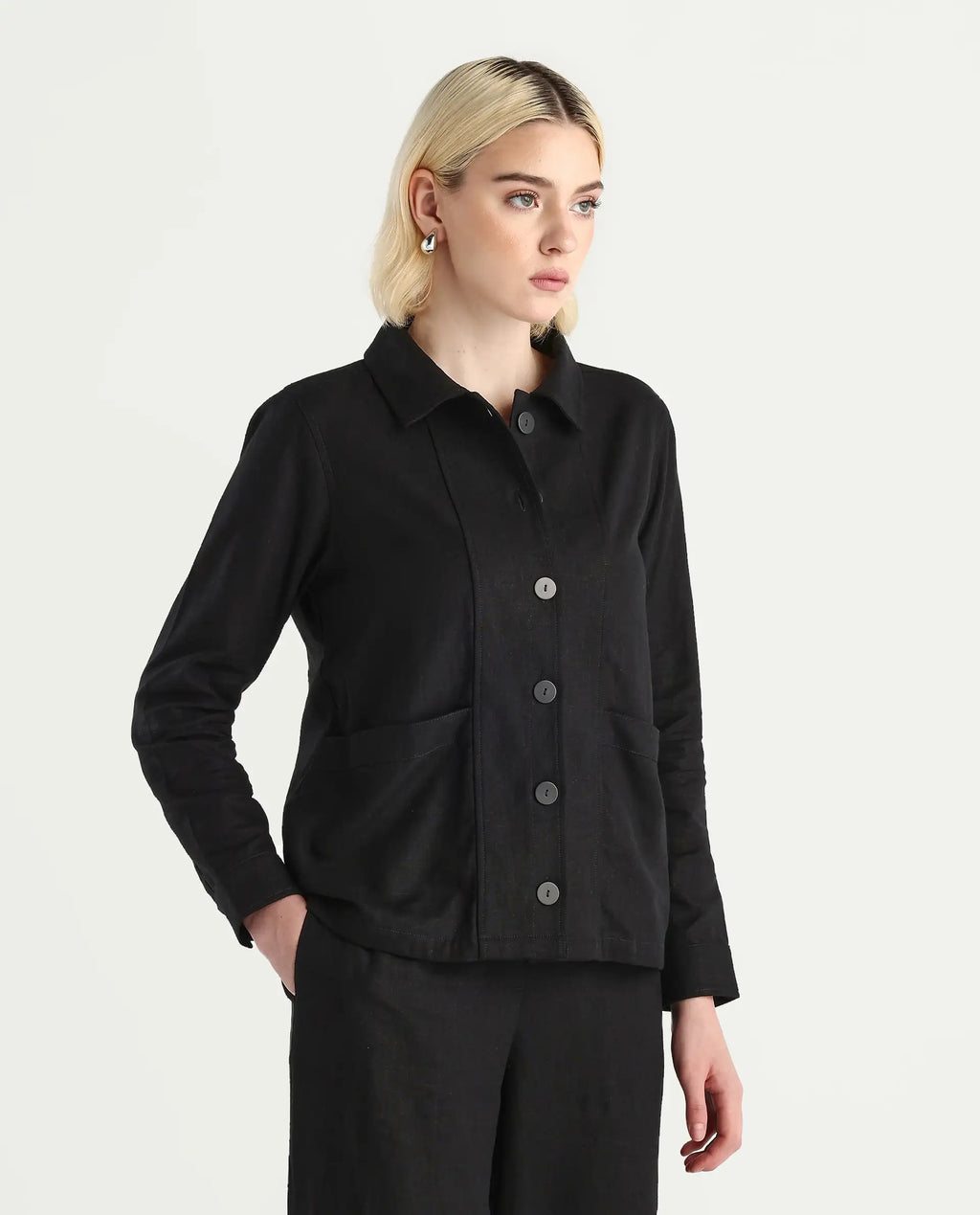 Rareism Women's Jomow-T Black Linen Blend Collared Neck Regular Fit Shacket
