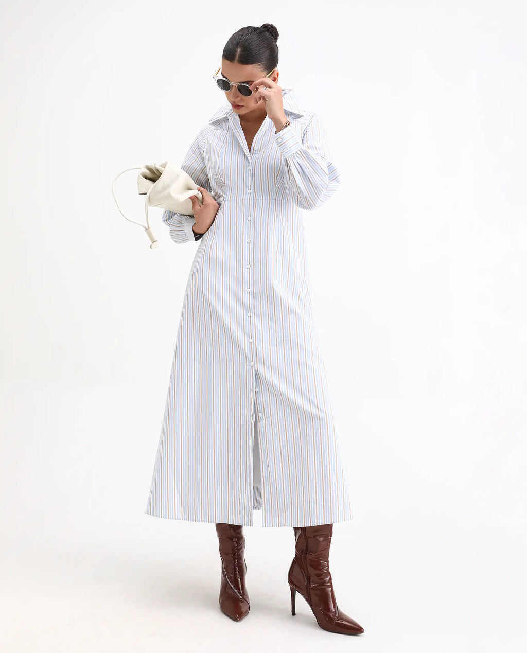 Rareism Women Juqo Light Blue Cotton Fabric Raglan Sleeves Collared Neck Button Closure A-Line Maxi Striped Dress
