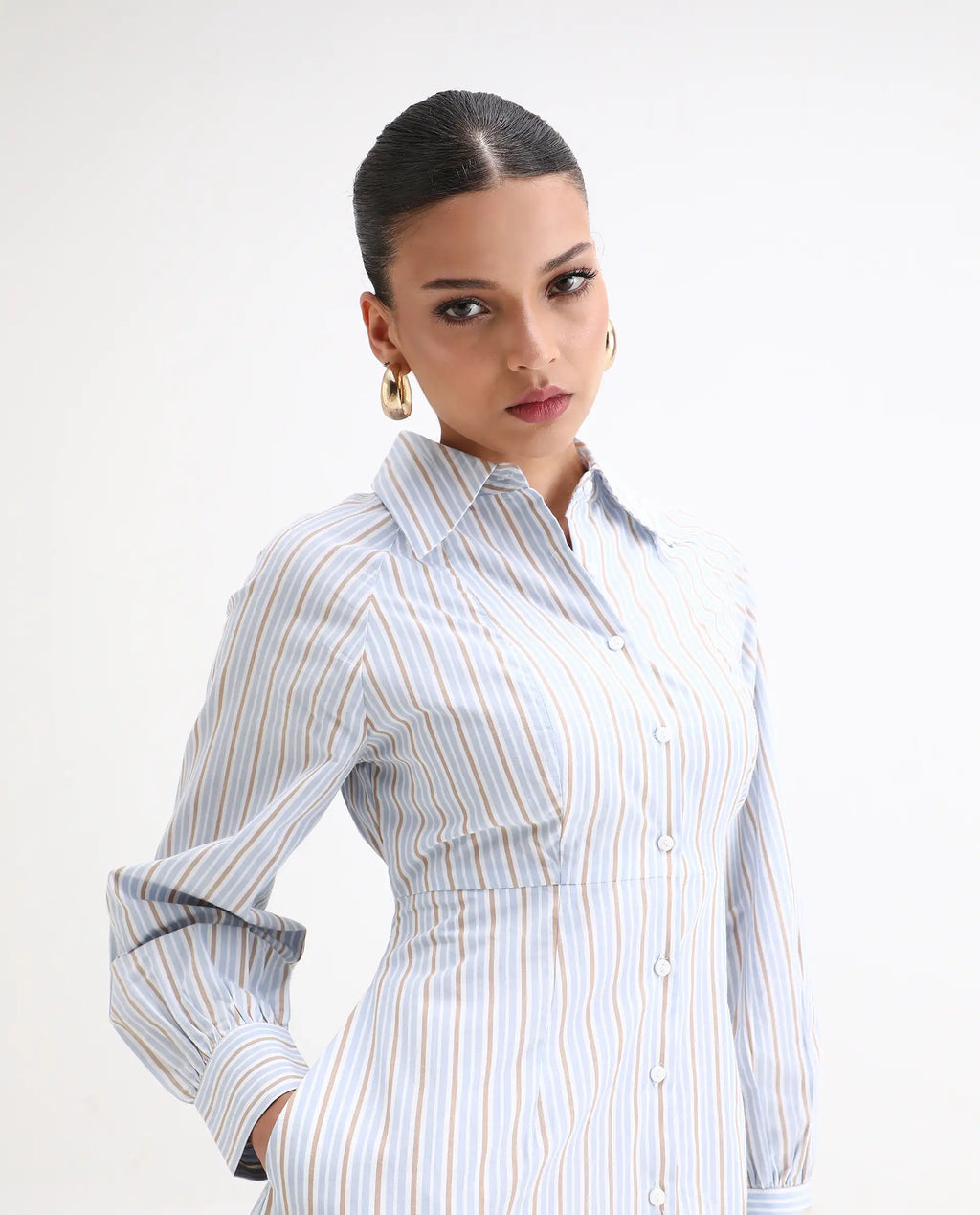 Rareism Women Juqo Light Blue Cotton Fabric Raglan Sleeves Collared Neck Button Closure A-Line Maxi Striped Dress