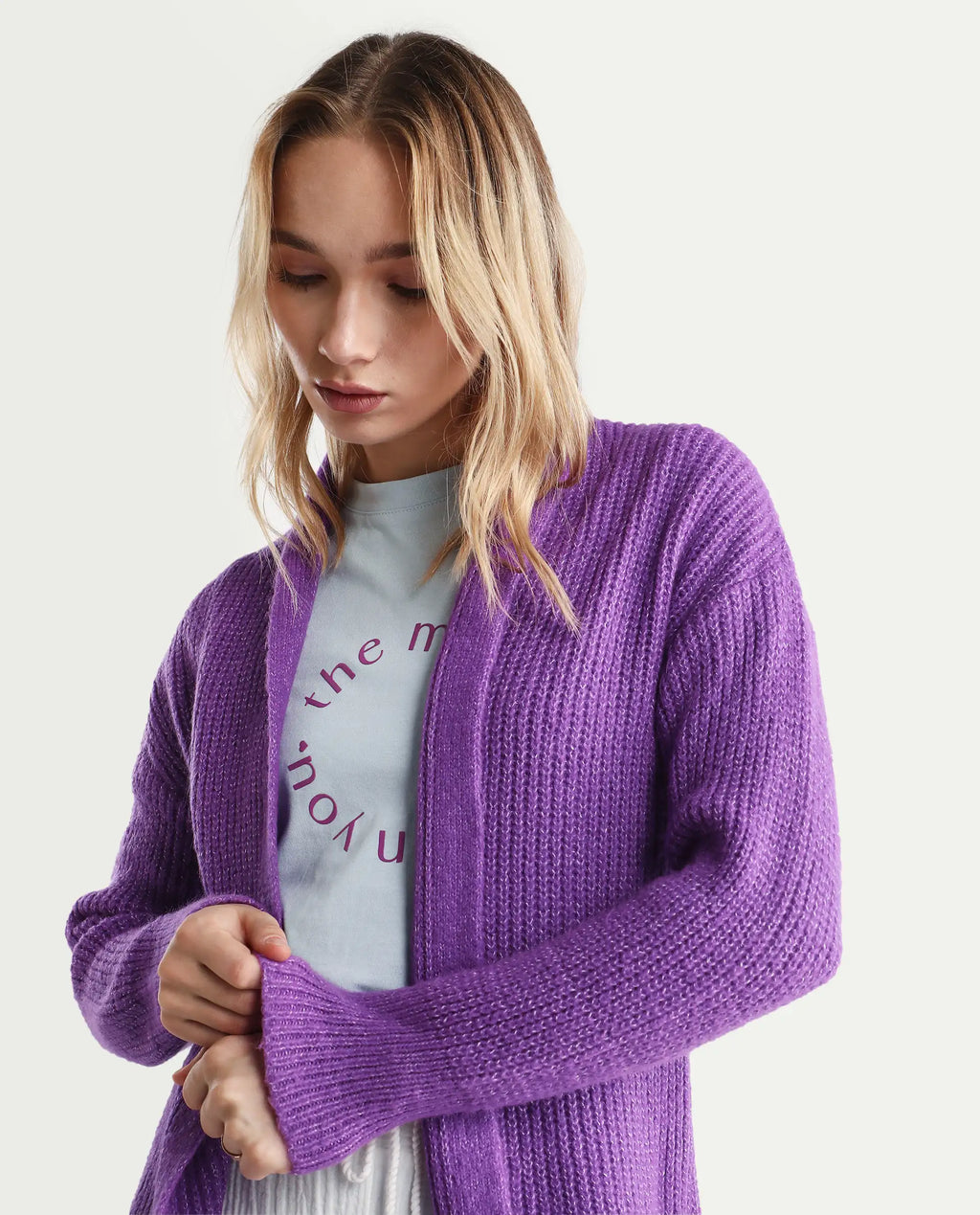 Rareism Women's Jug Purple Acrylic Collarless Plain Mini Relaxed Fit Shrug