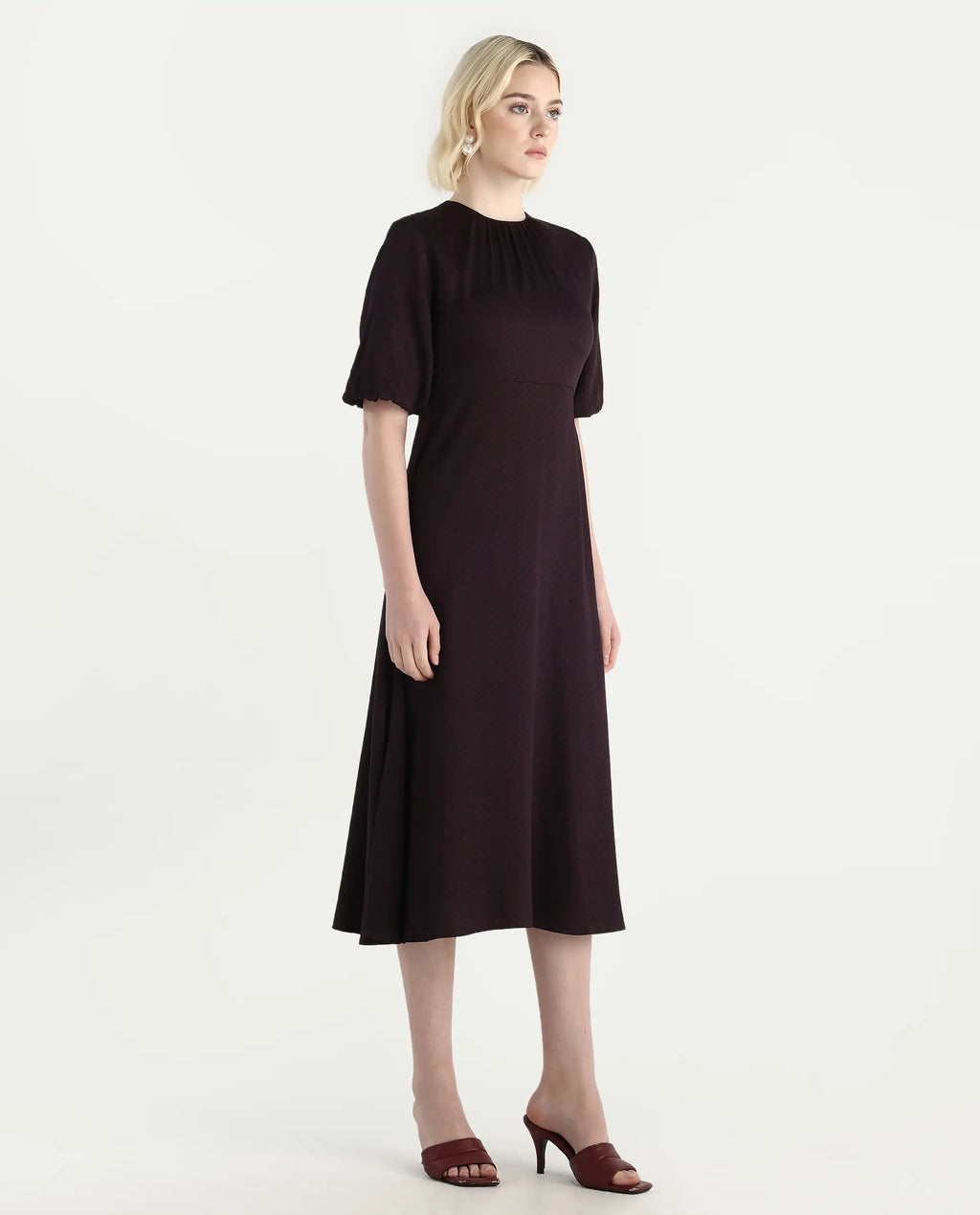 Rareism Women's Jumen Black Viscose Crew Neck A-Line Printed Dress