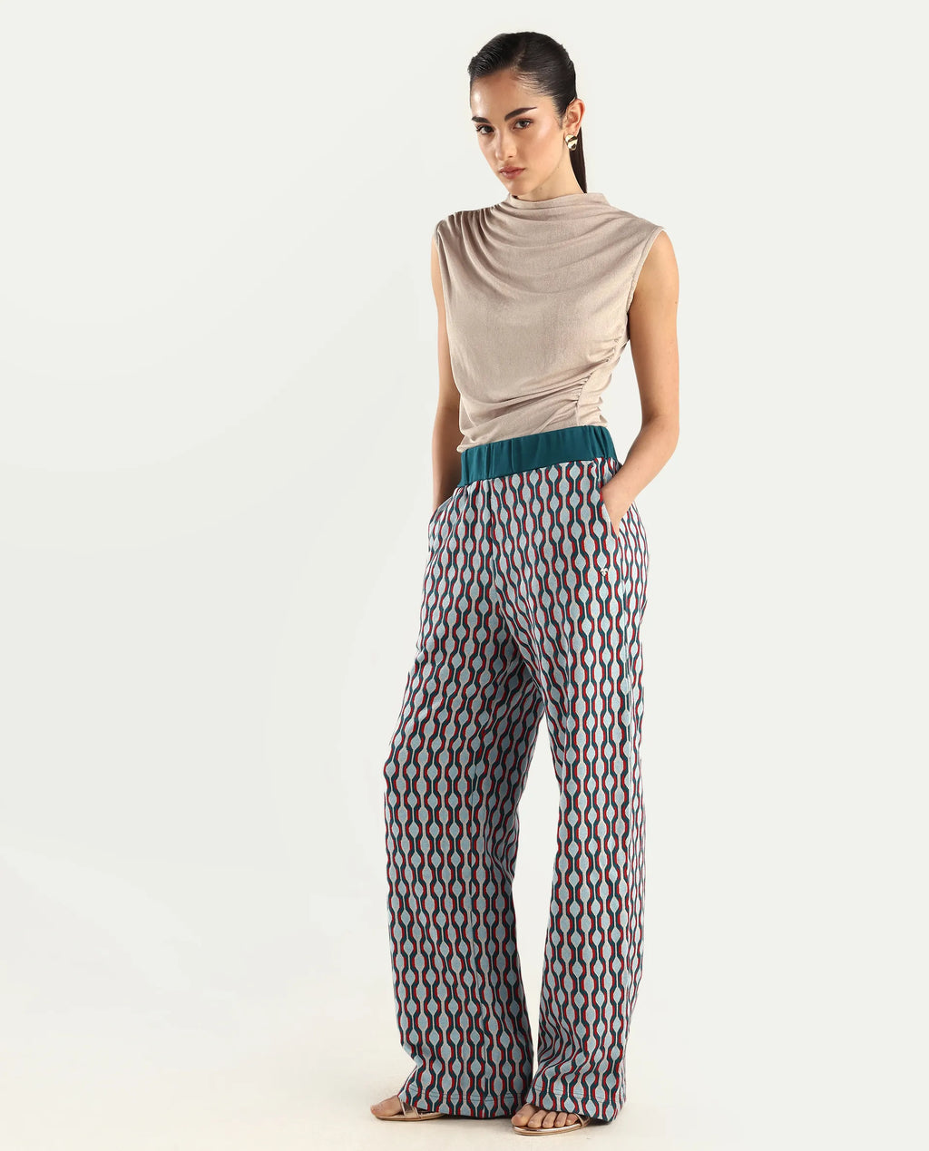 Rareism Women's Kane Multi Cotton Blend Geometric Print Ankle Length Straight Fit Track Pant
