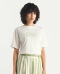 Rareism Women's Karen Off White Cotton Blend Crew Neck Graphic Print Boxy Fit T-Shirt