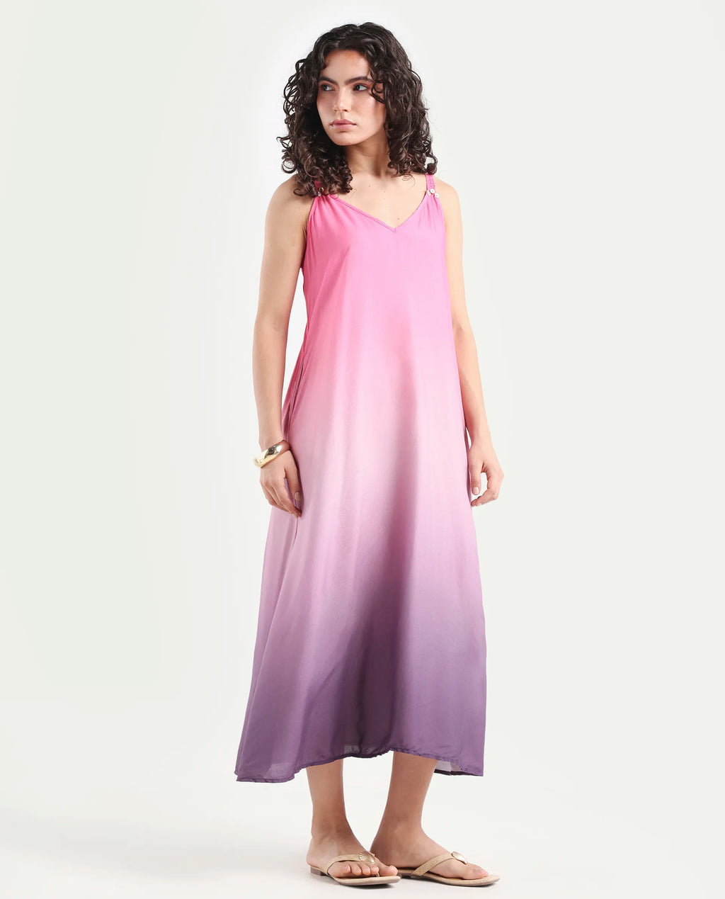 Rareism Women's Kathy Multi Viscose Shoulder Strap Ombre Shoulder Strap Midi Regular Fit Dress