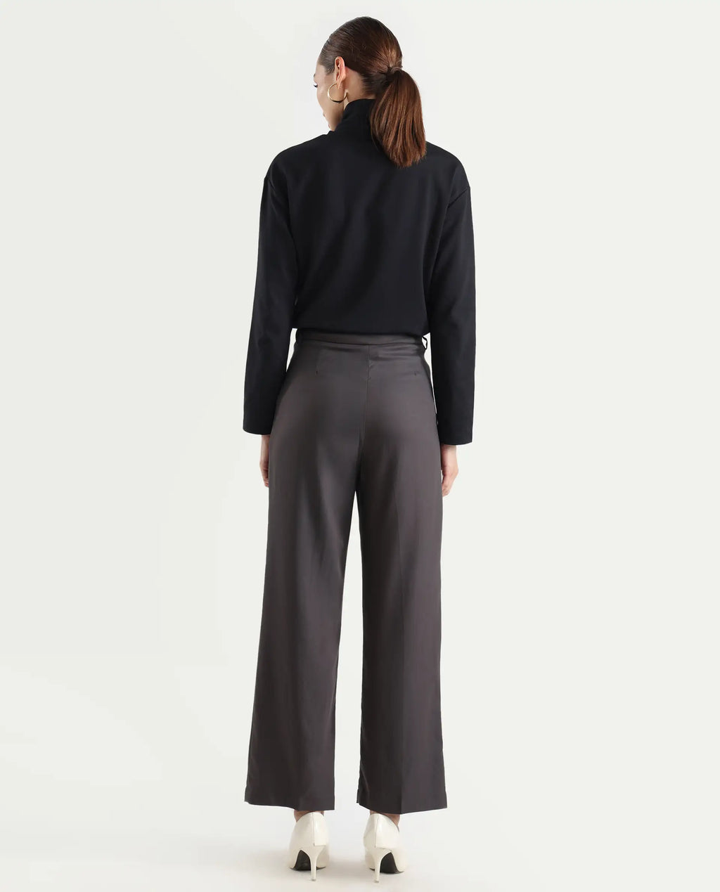 Rareism Women's Kekilli Grey Polyester Plain Ankle Length Wide Trouser